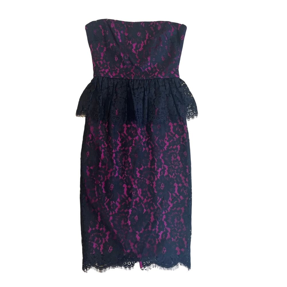 Robert Rodriguez Size 4 Black Lace Fuchsia Strapless Peplum Cocktail Dress